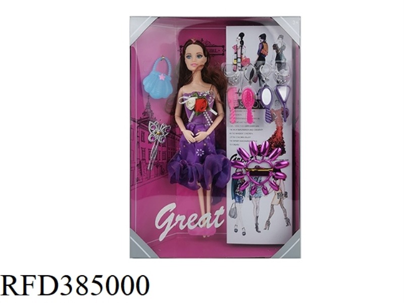 11.5-INCH 9-JOINT SOLID BODY EVENING DRESS BARBIE WITH HANDBAG, HAIR CLIP, HEADWEAR BLISTER