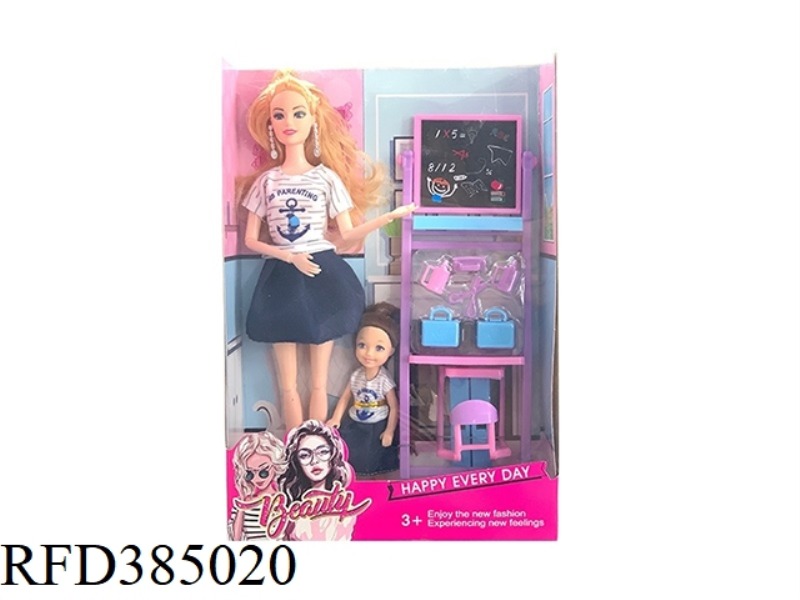 11.5-INCH 11-JOINT SOLID BODY FASHION SHORT SKIRT BARBIE WITH CHILDREN, EARRINGS, WRITING BOARD, BLI