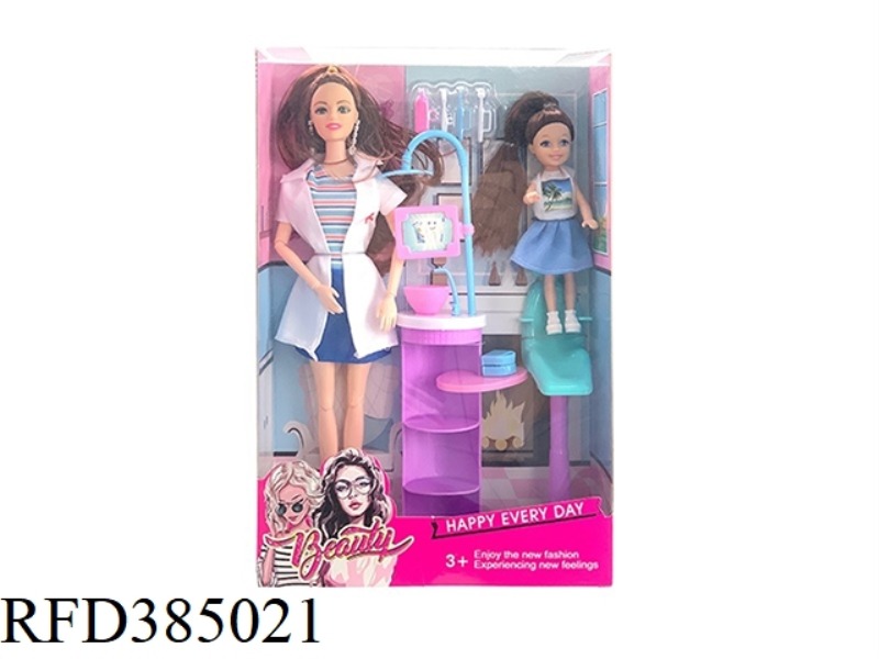 11.5-INCH 11-JOINT REAL FEMALE DENTIST BARBIE WITH CHILD EARRINGS CLEANING TABLE DENTIST TOOLS BLIST