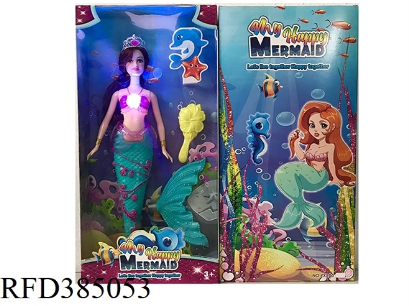 14 INCH SOLID MERMAID BARBIE WITH LIGHT AND MUSIC CROWN COMB COMBO TAIL
