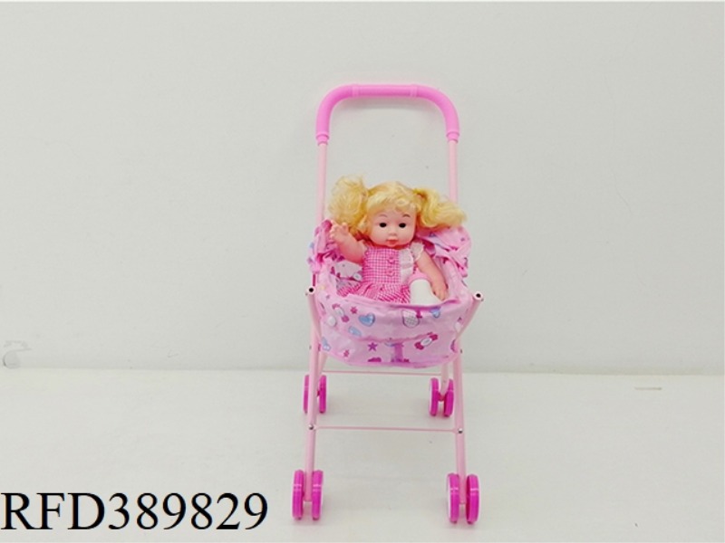 IRON TROLLEY WITH FULL VINYL DOLL + BABY BOTTLE