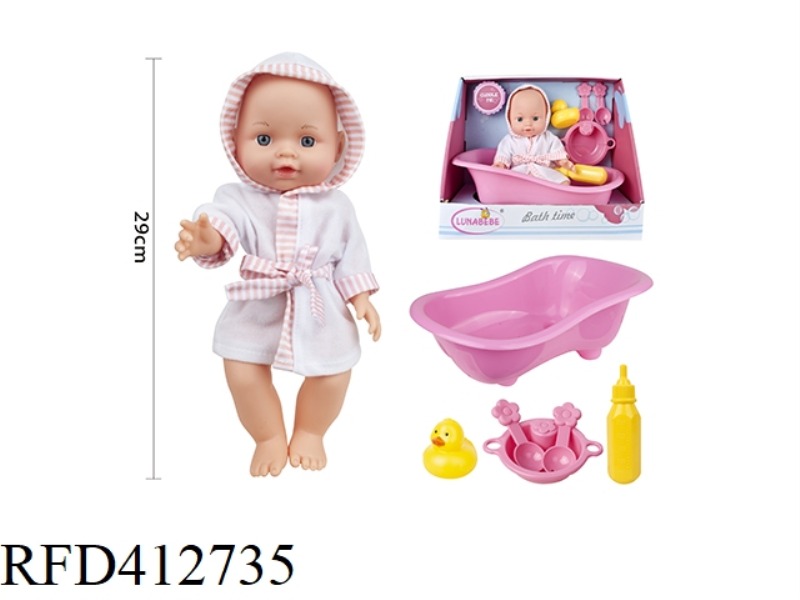 12-INCH FULL-LINED DOLL WITH BATHTUB, DUCK, TABLEWARE, BOTTLE