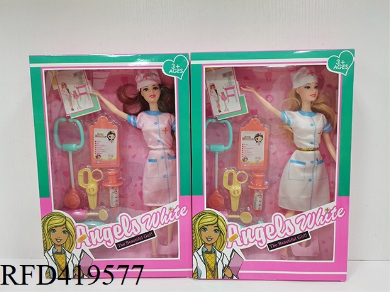 11.5-INCH FASHIONABLE BARBIE NURSE OUTFIT (MIXED POWDER AND WHITE) WITH MEDICAL EQUIPMENT AND BLISTE