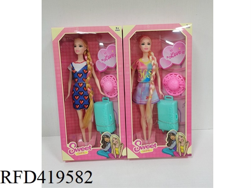 11.5-INCH LONG BRAIDED FASHION BARBIE GIRL WITH HAT + TROLLEY CASE (TWO STYLES MIXED)