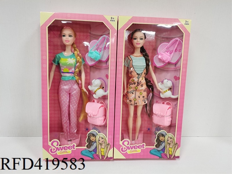 11.5-INCH LONG BRAIDED FASHION BARBIE GIRL WITH CAMERA + PUPPY + SCHOOL BAG (TWO STYLES MIXED)