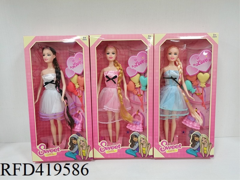 11.5-INCH LONG BRAIDED FASHION BARBIE GIRL WITH SMALL BALLOONS + BAG (MIXED OF THREE TYPES)