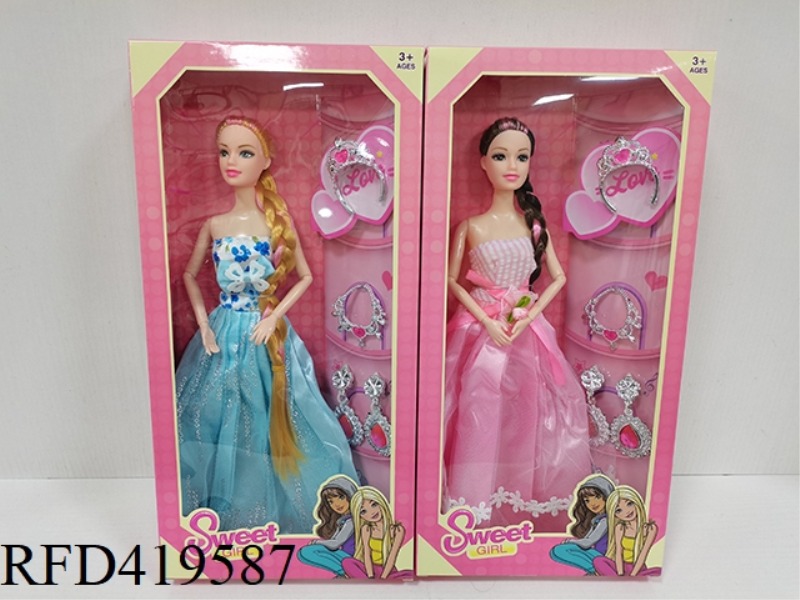 11.5-INCH LONG BRAIDED EVENING DRESS BARBIE GIRL WITH CROWN + NECKLACE + EARRINGS (TWO STYLES MIXED)