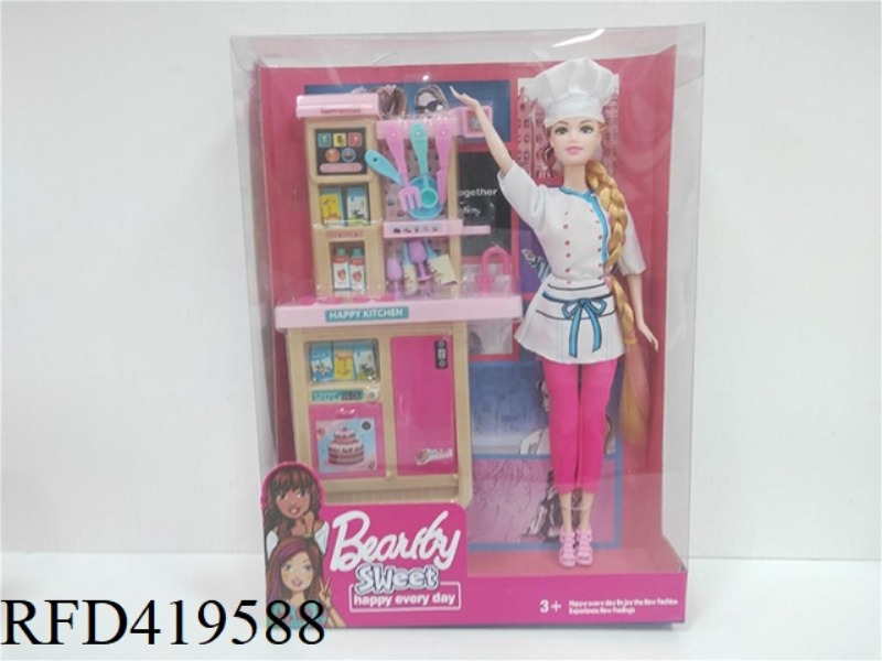 11.5 INCH LONG BRAIDED CHEF FASHION BARBIE DOLL WITH KITCHEN BLISTER