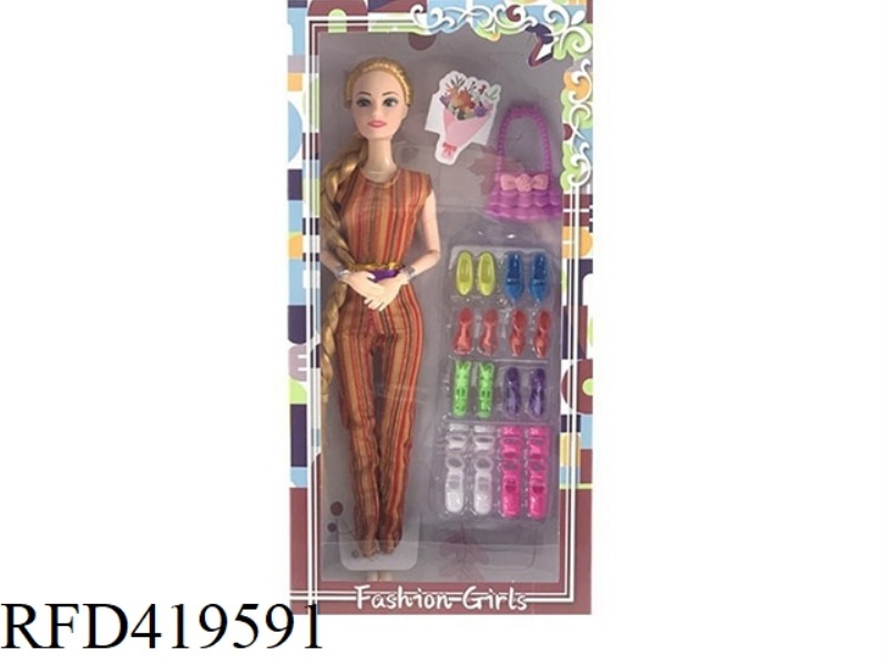 11.5-INCH 9-JOINT SOLID BODY LONG BRAID FASHION BARBIE WITH BLISTER SHOE ACCESSORIES, HANDBAG
