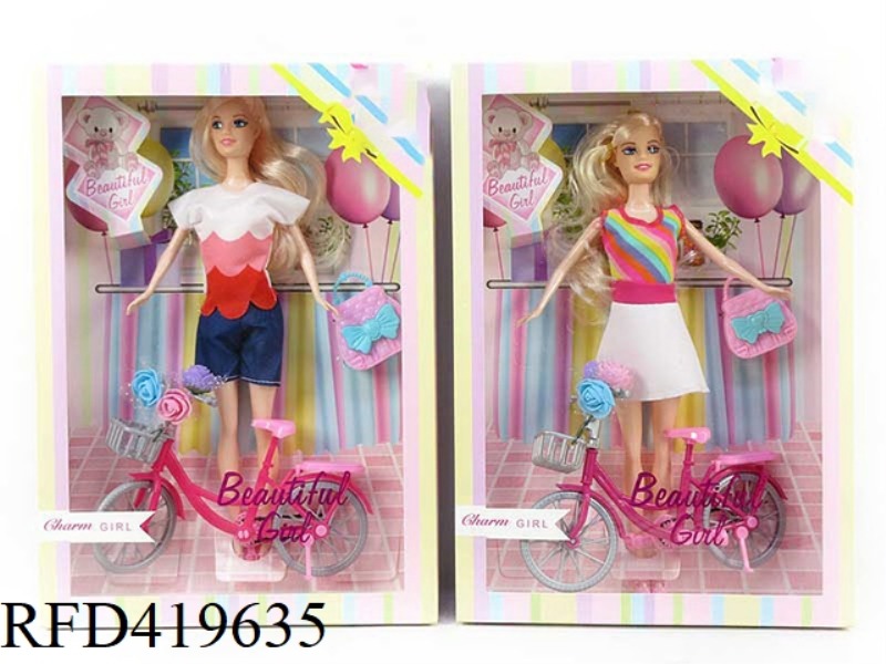 NEW 11-INCH REAL FASHION HAPPY GIRL WITH BICYCLE AND HANDBAG