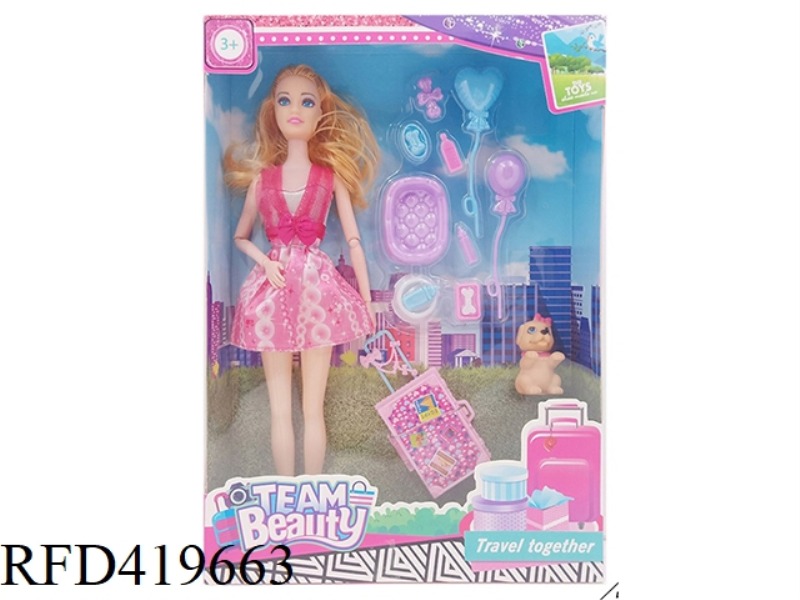 11.5-INCH SOLID BODY FASHION 9-JOINT SKIRT BARBIE WITH LUGGAGE AND DOG BLISTER ACCESSORIES