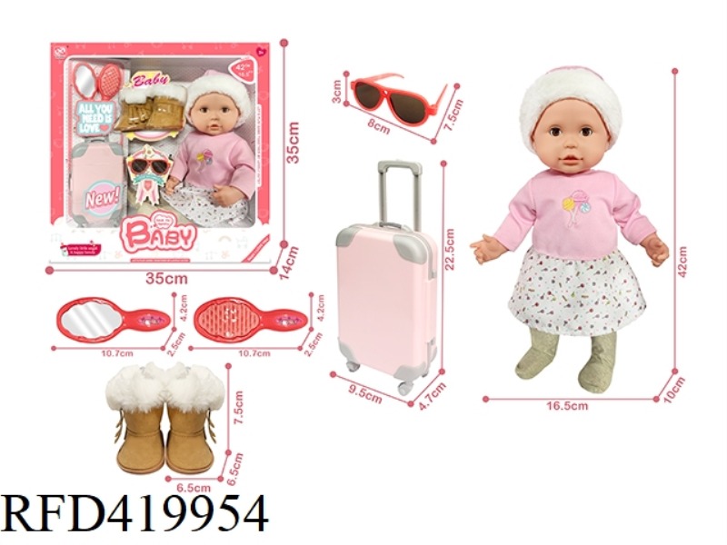 16.5 INCH COTTON DOLL + SUITCASE + SNOW BOOTS + ACCESSORIES