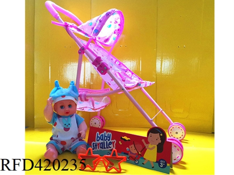 IRON TROLLEY WITH DOLL AND GLASSES
