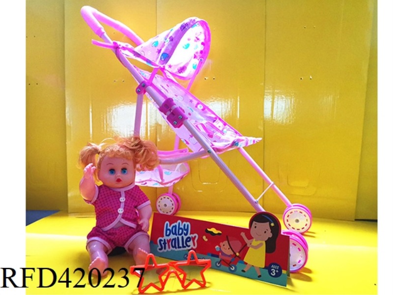 IRON TROLLEY WITH DOLL AND GLASSES