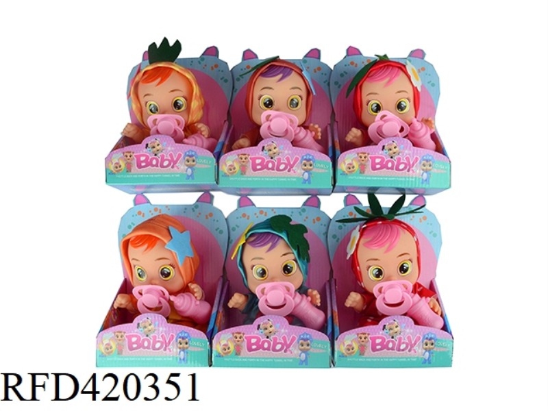 14-INCH ENAMEL TAPE CONCERT TEARS FRUIT CRYING DOLL WITH MILK BOTTLE PACIFIER SIX ASSORTED