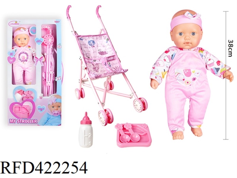 16 INCH COTTON BODY FIXED EYE DOLL, WITH BOTTLE, TABLEWARE, WITH PLASTIC CART, WITH 4 SOUND IC