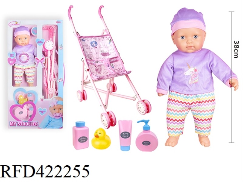 16 INCH COTTON BODY FIXED EYE DOLL, WITH 3 WASH BOTTLES, DUCK, WITH IRON CART, WITH 4 SOUND IC