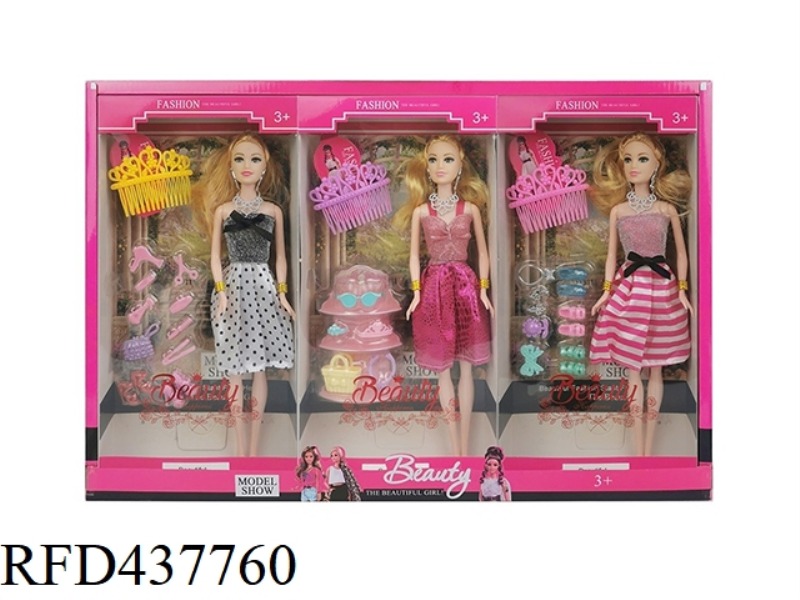 11.5 INCH SOLID BODY FASHION PRINCESS WITH ACCESSORIES THREE MIXED 3PCS