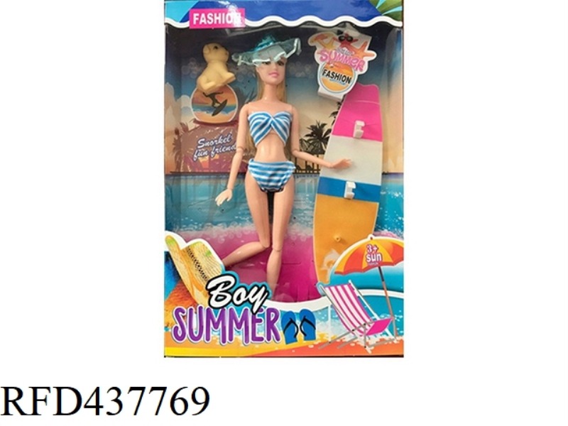 11.5 INCH SOLID BODY 12 JOINT SUMMER SWIMSUIT BARBIE WITH PUPPY WITH SURFBOARD