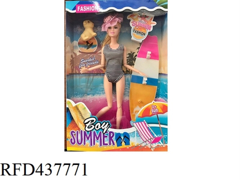 11.5 INCH SOLID BODY 12 JOINT SUMMER BEACH MEN'S BARBIE WITH PUPPY WITH SURFBOARD