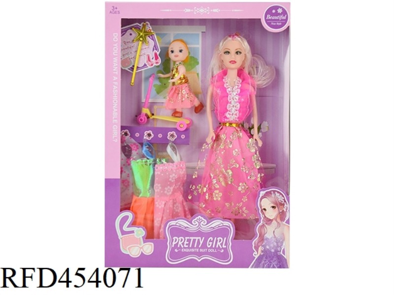 11.5 INCH REAL BODY ACTIVE FASHION SHORT SKIRT BARBIE WITH SCEPTER, 3 INCH CHILD, SCOOTER, HANGING C