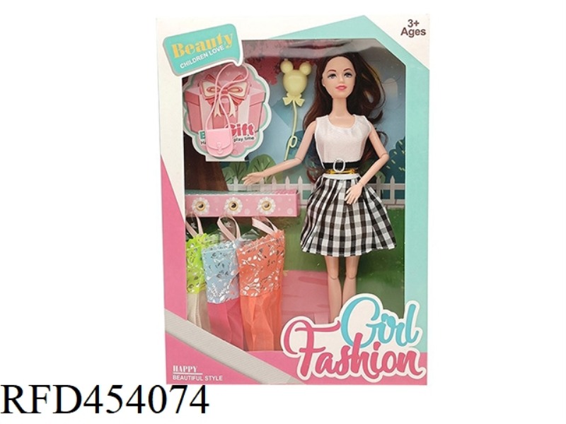 11.5 INCH SOLID BODY 11 JOINT FASHION SHORT SKIRT BARBIE WITH HANDBAG, BALLOON, HANGING ACCESSORIES