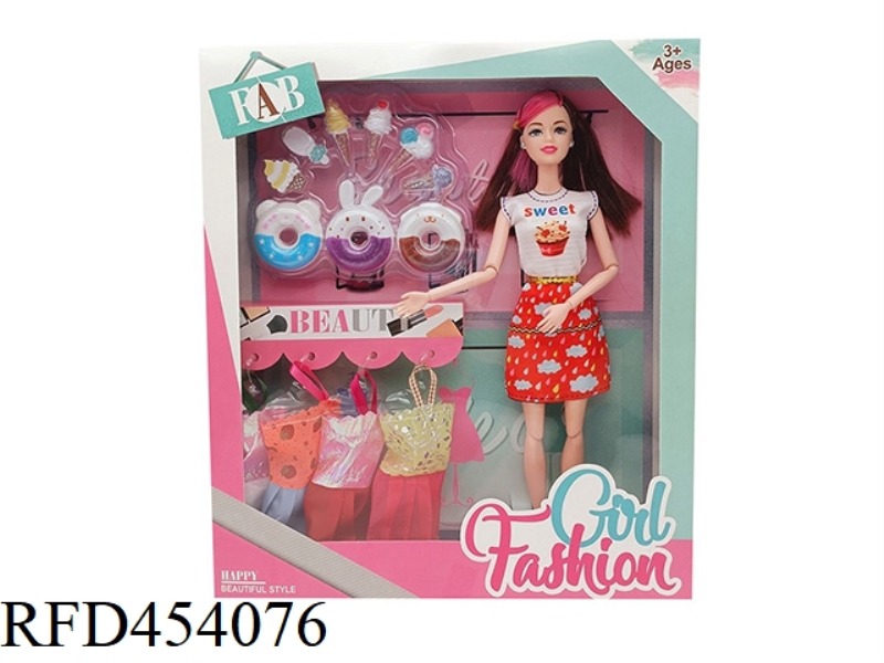 11.5 INCH SOLID BODY 11 JOINT FASHION SHORT SKIRT BARBIE WITH EARRINGS, HANGING CLOTHES, DONUTS BLIS