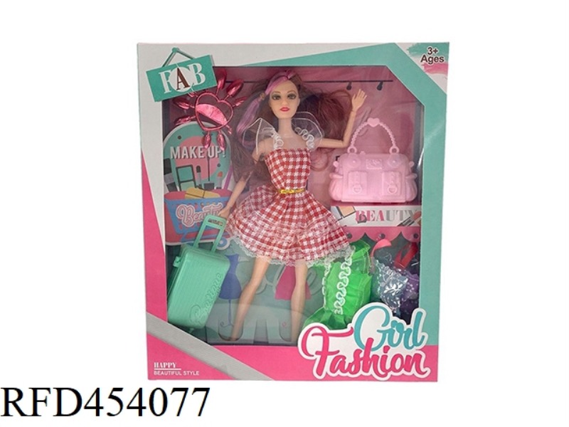 11.5 INCH SOLID BODY 9 JOINT FASHION SHORT SKIRT BARBIE WITH LUGGAGE, HANDBAG, HANGING ACCESSORIES