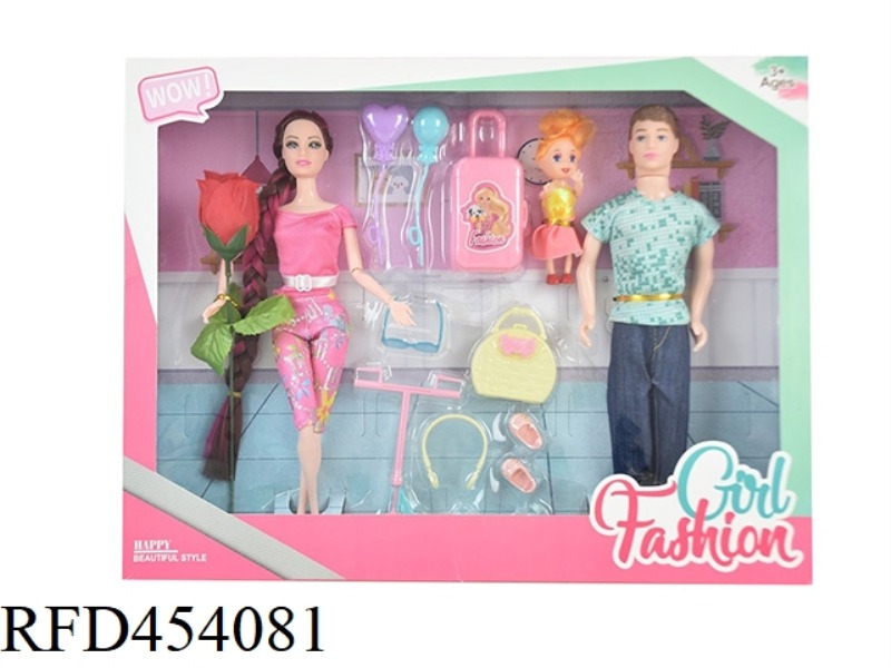 11.5-INCH SOLID BODY 11-JOINT COUPLE BARBIE WITH 3-INCH CHILD, ROSES, LUGGAGE, HANDBAG, PLASTIC ACCE
