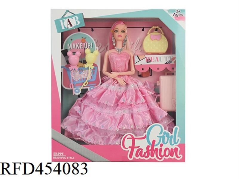 11.5 INCH SOLID BODY 9 JOINT WEDDING DRESS BARBIE WITH BALLOONS, LUGGAGE, HANDBAG, EARRINGS, NECKLAC