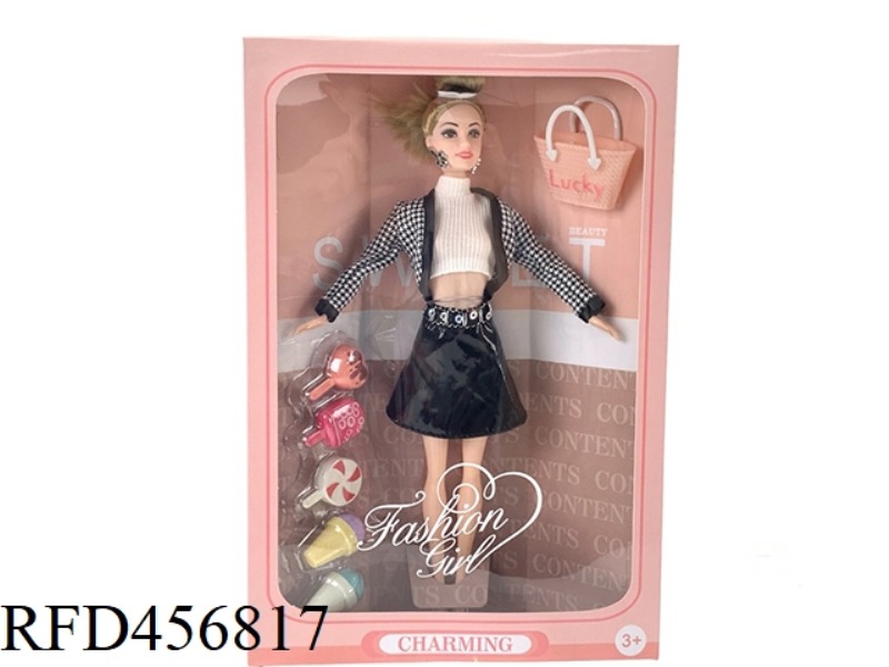 11 INCH FASHION PLAID LEATHER SKIRT BARBIE SET WITH DESSERT BLISTER SHEET