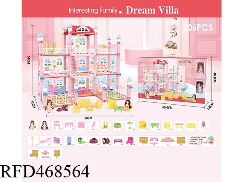 DIY SELF-INSTALLED VILLA SET WITH LIGHT AND MUSIC WITH 2 4.5-INCH SOLID BODY BARBIE 206-PIECE SET