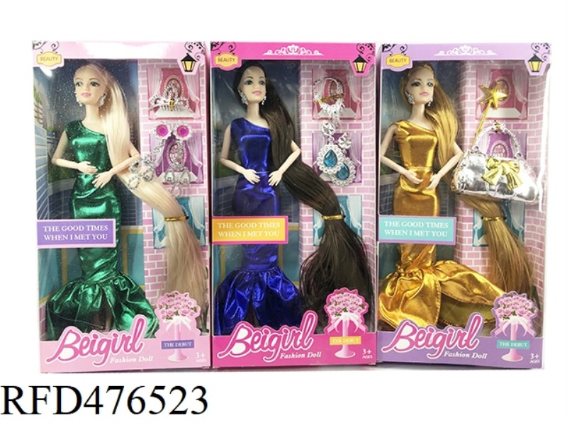 11 INCH 9 JOINTS LONG HAIR FISHTAIL DRESS BARBIE WITH ACCESSORIES (3 MIXED)