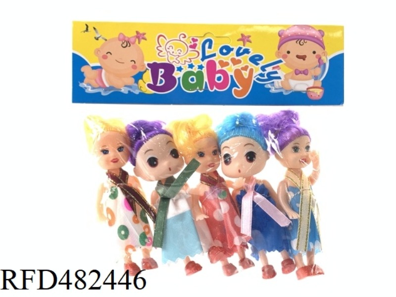 TWO CONFUSED DOLLS WITH THREE 3.5-INCH SMALL BARBIES