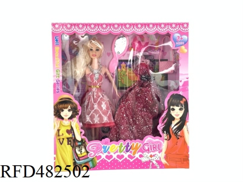 11.5 INCH SOLID BODY FASHION BEAUTIFUL GIRL BARBIE DOLL SET WITH COMB AND MIRROR CLUTCH