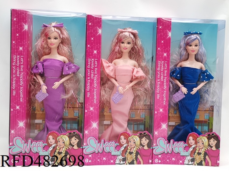 11.5 INCH 9 JOINTS SOLID BODY LONG HAIR FISHTAIL SKIRT FASHION BARBIE WITH HANDBAG + HEADWEAR 3 MIXE