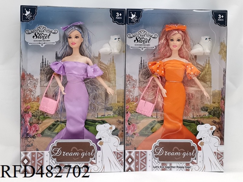11.5 INCH 9 JOINTS SOLID BODY LONG HAIR FISHTAIL SKIRT FASHION BARBIE WITH BAG + HEADGEAR + PET CAT