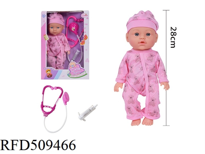 12 INCH BLOW-OUT BODY, FIXED EYE DOLL, MEDICAL KIT