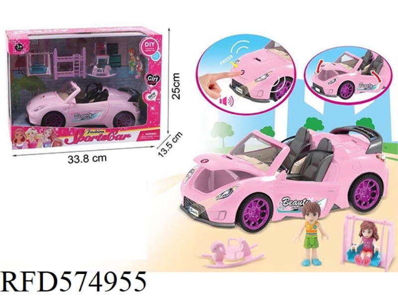 LIGHTS AND SOUNDS PINK COUPE WITH ACTION FIGURES, SWING HORSE, BED SET