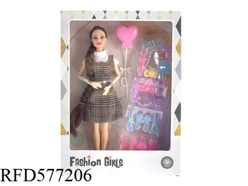 11.5-INCH 9-JOINT WEDDING DRESS WITH BIG BRAID BARBIE WITH BALLOON, TOILET AND OTHER PLASTIC PARTS.
