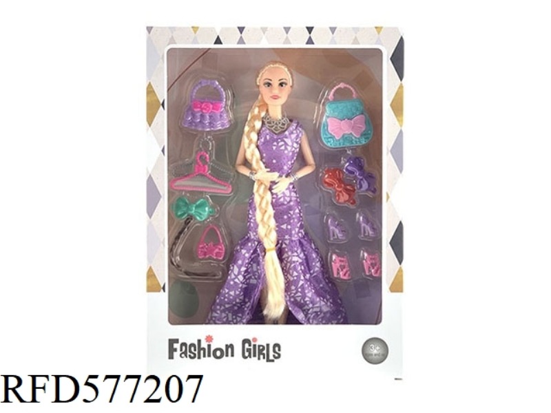 11.5-INCH 9-JOINT DRESS WITH BIG BRAID BARBIE BAG, SHOE BAG, CLOTHES RACK AND OTHER PLASTIC PARTS.
