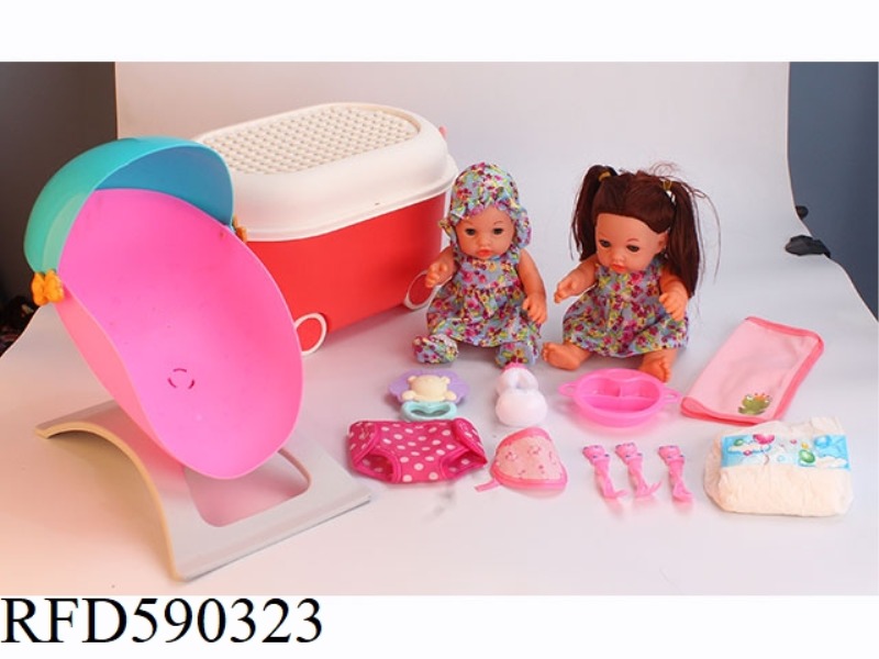 12-INCH VINYL DOLL WITH STORAGE BUCKET, CRADLE BED, DINNER PLATE, TABLEWARE, NAPKIN, DIAPER, FACE TO
