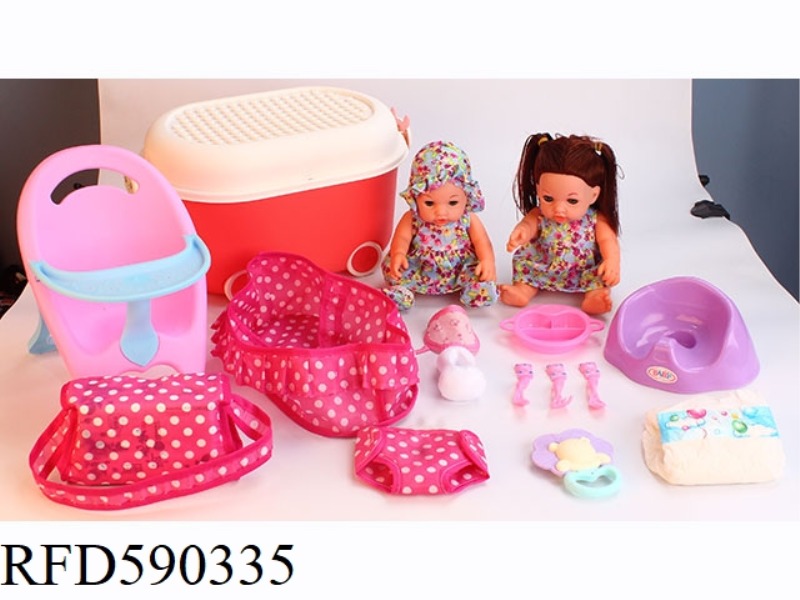 12-INCH VINYL DOLL WITH STORAGE BUCKET DINING CHAIR TOILET CLOTH BLUE STORAGE BAG DINNER PLATE TABLE