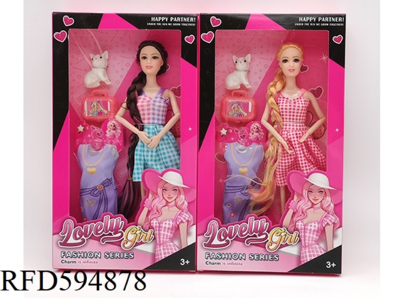 11.5-INCH 9-JOINT FASHION BARBIE WITH PET DOG+BAG+DRESS 2 MIXED.