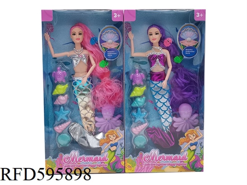 14-INCH REAL 9-JOINT FASHION DRESS MERMAID BARBIE WITH NECKLACE, OCTOPUS, TURTLE BLISTER ACCESSORIES