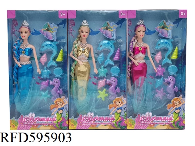 14-INCH REAL 9-JOINT FASHION DRESS MERMAID BARBIE WITH CROWN, NECKLACE, DOLPHIN PLASTIC PARTS 3 MIXE
