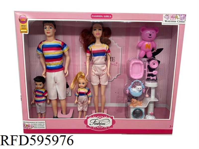 11.5-INCH REAL HANDS, A FAMILY OF FOUR BARBIE WITH TEDDY BEARS AND CATS.
