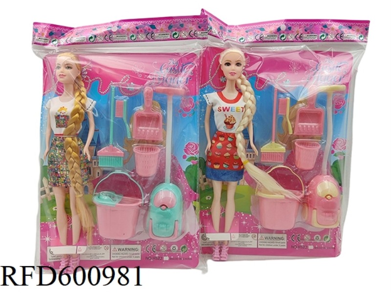 11.5-INCH REAL 6-JOINT LONG BRAID FASHION BARBIE PLASTIC SUIT WITH VACUUM CLEANER (2 MIXED)