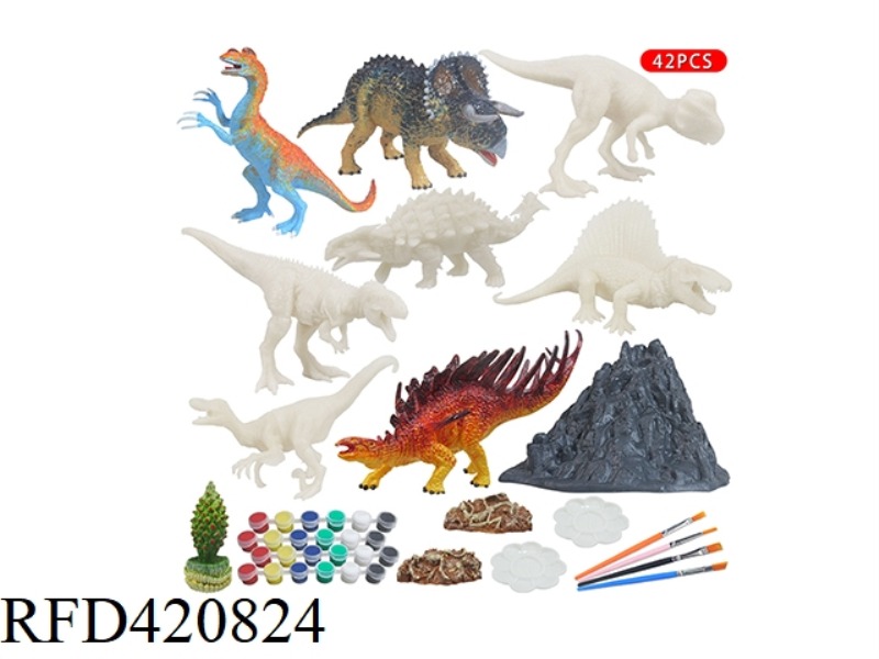 PAINTED 6 LARGE DINOSAURS AND WHITE BLANK MODEL PAINTING VOLCANIC TREE STONE SET 42-PIECE SET