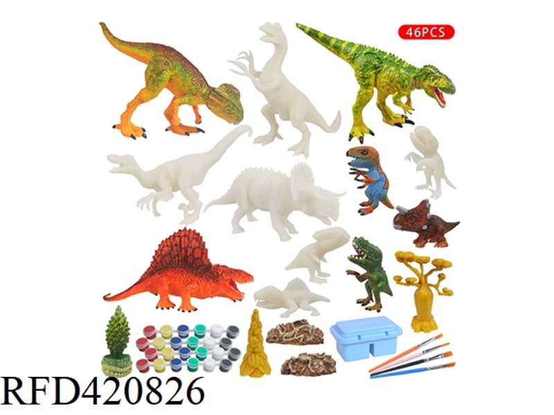 PAINTED 6 LARGE DINOSAURS WHITE BILLET MODEL + 6 SMALL DINOSAURS TREE STONE SUIT 46 SETS